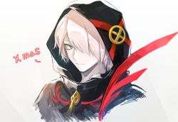 Rule 34 | 1boy, black coat, blue eyes, closed mouth, coat, commentary request, cropped shoulders, fate/grand order, fate (series), hair over one eye, head, highres, hood, hood up, karna (fate), karna (santa) (fate), looking at viewer, male focus, pale skin, short hair, simple background, slime (user jpds8754), smile, solo, white background, white hair