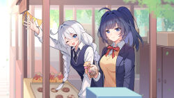 Rule 34 | 2girls, :d, ahoge, alternate costume, blue eyes, blue jacket, bow, bowtie, braid, chinese commentary, closed mouth, collared shirt, cookie, food, gift, gou lianlian dogface, highres, holding, honkai (series), honkai impact 3rd, indoors, jacket, kiana kaslana, long hair, long sleeves, looking at viewer, multiple girls, necktie, one eye closed, open mouth, ponytail, purple hair, raiden mei, red bow, school uniform, shirt, smile, sweater vest, twin braids, vest, white hair, white shirt, window