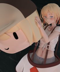 Rule 34 | 1girl, 3d, blender (medium), blonde hair, blue eyes, brown headwear, closed mouth, commentary, dark background, english commentary, highres, hololive, hololive english, looking at viewer, medium hair, necktie, perfectobox, red necktie, shirt, short sleeves, smol ame, solo, standing, suspenders, virtual youtuber, watson amelia, white shirt