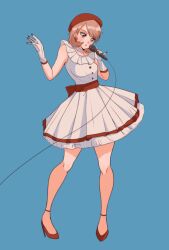 Rule 34 | 1girl, beret, blue background, breasts, brown eyes, choker, collar, commentary request, dress, frilled collar, frills, full body, gloves, hands up, hat, high heels, highres, holding, legs, medium breasts, medium hair, microphone, open mouth, parted bangs, persona, persona 3, pleated dress, red footwear, red hat, red sash, sash, sleeveless, sleeveless dress, solo, standing, stiletto heels, takeba yukari, thighs, white choker, white dress, white gloves, yuyuy 00