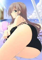 Rule 34 | 1girl, ass, bad id, bad pixiv id, ball, bare shoulders, beach, beachball, bikini, black bikini, blurry, blush, breasts, unworn clothes, covering privates, covering breasts, day, depth of field, from behind, green eyes, grey hair, large breasts, long hair, looking at viewer, looking back, murano, ocean, original, profile, solo, sunlight, swimsuit