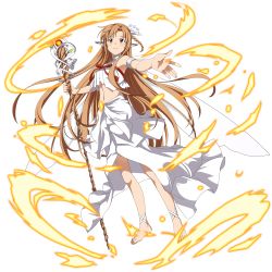 Rule 34 | 1girl, armband, asuna (sao), barefoot, braid, brown eyes, brown hair, fire, full body, highres, holding, holding staff, long hair, magic, navel, official art, outstretched arm, parted lips, pointy ears, pyrokinesis, solo, staff, sword art online, sword art online: memory defrag, titania (sao), transparent background, white armband