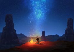 Rule 34 | 1boy, black hair, campfire, child, commentary request, dragon ball, dragonball z, embers, facing away, fire, forest, gradient sky, horizon, light, male focus, mattari illust, mountain, mountainous horizon, nature, nebula, night, night sky, outdoors, road, shadow, sitting, sky, solo, son gohan, spiked hair, star (sky), starry sky, sword, tree, twitter username, weapon, wide shot