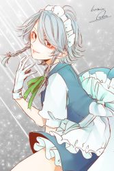 Rule 34 | 1girl, apron, bad id, bad twitter id, bow, braid, commentary request, frilled apron, frills, gloves, green bow, hair bow, highres, izayoi sakuya, looking at viewer, maid apron, maid headdress, one-hour drawing challenge, petticoat, puffy short sleeves, puffy sleeves, red eyes, short hair, short sleeves, signature, smile, solo, souta (karasu no ouchi), swept bangs, touhou, twin braids, white gloves, white hair