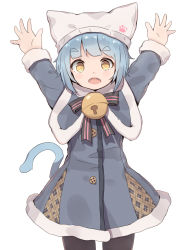Rule 34 | 1girl, :o, arms up, bell, black pantyhose, blue hair, capelet, cat tail, coat, cowboy shot, fang, fur-trimmed capelet, fur-trimmed coat, fur-trimmed sleeves, fur trim, hat, hat with ears, highres, jingle bell, looking at viewer, o/, original, outstretched arms, pantyhose, shone, short hair, simple background, solo, tail, white background, winter clothes, yellow eyes