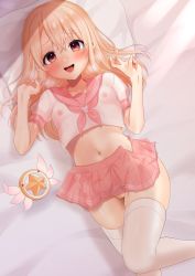 Rule 34 | 1girl, absurdres, astolfo (fate), astolfo (fate) (cosplay), astolfo (sailor paladin) (fate), bad id, bad pixiv id, bed sheet, blonde hair, blush, breasts, censored, cleft of venus, cosplay, covered erect nipples, crop top, fate/grand order, fate/kaleid liner prisma illya, fate (series), hair between eyes, highres, illyasviel von einzbern, long hair, looking at viewer, lying, magical ruby, midriff, mosaic censoring, neckerchief, nipples, no panties, official alternate costume, on back, open mouth, pillow, pink neckerchief, pink sailor collar, pink skirt, pussy, red eyes, sailor collar, school uniform, see-through, serafuku, shirt, short sleeves, sidelocks, skirt, small breasts, smile, solo, takio (kani sama), thighhighs, thighs, v, white shirt, white thighhighs