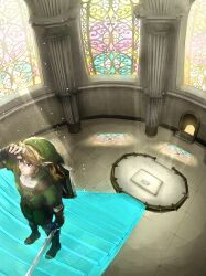 Rule 34 | 1boy, architecture, armor, blonde hair, blue eyes, boots, chainmail, column, doorway, from above, gloves, green hat, green tunic, hair between eyes, hat, highres, holding, holding sword, holding weapon, indoors, link, looking ahead, male focus, maze (mazel mns), nintendo, pillar, pointy ears, shading eyes, shield, shield on back, shirt, short hair, shoulder belt, solo, stained glass, stairs, sunlight, sword, the legend of zelda, the legend of zelda: twilight princess, tile floor, tiles, weapon, white shirt, window