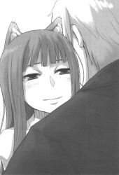 Rule 34 | 00s, 1boy, 1girl, animal ears, ayakura juu, craft lawrence, greyscale, highres, holo, monochrome, novel illustration, official art, spice and wolf, wolf ears