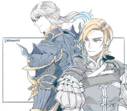 Rule 34 | 2boys, armor, back-to-back, blonde hair, closed mouth, crossover, dion lesage, dragoon, earrings, elezen, elf, estinien varlineau, final fantasy, final fantasy xiv, final fantasy xvi, frilled sleeves, frills, grey hair, grey vest, hair between eyes, hiryuu (kugelcruor), jewelry, long hair, looking at another, low ponytail, male focus, medium hair, multiple boys, plate armor, pointy ears, shirt, shoulder armor, shoulder spikes, smile, spikes, swept bangs, upper body, vest, white background, white shirt, yellow eyes