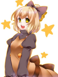 Rule 34 | 1girl, :d, bad id, bad pixiv id, blonde hair, blush, bow, dress, female focus, hair bow, kurodani yamame, looking at viewer, open mouth, short hair, simple background, smile, solo, star (symbol), touhou, white background, yellow eyes, yutazou