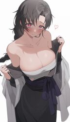 Rule 34 | 1girl, absurdres, bandages, bandaid, bandaid on breast, bare shoulders, black hair, blush, braid, braided ponytail, breasts, cleavage, closed mouth, collarbone, commentary, cowboy shot, hair between eyes, heart, highres, japanese clothes, kimono, large breasts, long hair, looking at viewer, lvemhrd, obi, original, red eyes, sash, simple background, solo, standing, sweat, undressing, white background, wide sleeves