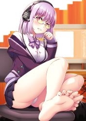 Rule 34 | 10s, 1girl, arata, barefoot, black skirt, blush, bow, breasts, collared shirt, feet, feet together, foot focus, foreshortening, glasses, gridman universe, headphones, highres, jacket, large breasts, light purple hair, long sleeves, looking at viewer, off shoulder, pleated skirt, purple jacket, red eyes, school uniform, shinjou akane, shirt, short hair, skirt, smile, soles, solo, ssss.gridman, toes, white shirt
