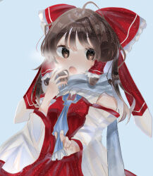 Rule 34 | 1girl, ascot, black eyes, black hair, bow, detached sleeves, frilled bow, frilled hair tubes, frills, gas, hair bow, hair tubes, hakurei reimu, highres, open mouth, ramochi, red bow, red skirt, ribbon-trimmed sleeves, ribbon trim, scarf, skirt, skirt set, solo, touhou, upper body, yellow ascot