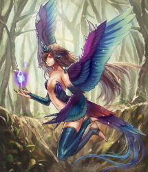 Rule 34 | 1girl, bare shoulders, bird wings, black nails, blue thighhighs, breasts, brown hair, claws, cleavage, collarbone, feathered wings, fingernails, flying, forest, hair over one eye, harpy, highres, horns, long fingernails, long hair, long toenails, looking at viewer, magic, monster girl, nail polish, nature, navel, original, outdoors, red eyes, sharp fingernails, sharp toenails, small breasts, solo, tail, thighhighs, toenails, tree, very long hair, winged arms, wings, yunomachi