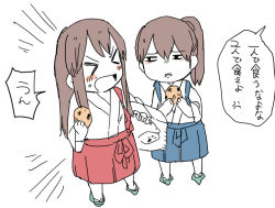 Rule 34 | &gt; &lt;, 10s, 2girls, aged down, akagi (kancolle), brown hair, closed eyes, japanese clothes, kaga (kancolle), kantai collection, long hair, multiple girls, mutton, short hair, side ponytail, translation request