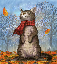 Rule 34 | animal, animal focus, autumn, autumn leaves, cat, clothed animal, matataku, no humans, original, plaid, plaid scarf, scarf, solo, standing