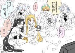 Rule 34 | 2boys, 3girls, commentary request, ereshkigal (fate), fate/grand order, fate (series), gilgamesh, gilgamesh (caster) (fate), gilgamesh (fate), hyaku chi, ishtar (fate), long hair, merlin (fate/stay night), multiple boys, multiple girls, partially colored, siblings, sisters, sitting, tohsaka rin, tomoe gozen (fate), translation request, two side up, very long hair