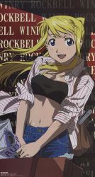 Rule 34 | 1girl, 2003, absurdres, bare legs, blonde hair, blue eyes, blush, breasts, cleavage, curvy, dated, earrings, female focus, fullmetal alchemist, highres, jewelry, long hair, looking at viewer, official art, ponytail, scan, shiny skin, shorts, smile, upper body, winry rockbell