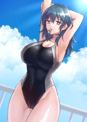Rule 34 | 1girl, alternate costume, armpits, arms up, bare arms, black one-piece swimsuit, blue eyes, blue hair, blue sky, breasts, byleth (female) (fire emblem), byleth (fire emblem), cleavage, cloud, commentary request, competition swimsuit, covered navel, cowboy shot, day, fire emblem, fire emblem: three houses, groin, hazuki (nyorosuke), highres, large breasts, long hair, mouth hold, nintendo, one-piece swimsuit, railing, sky, solo, standing, swimsuit, thighs, whistle