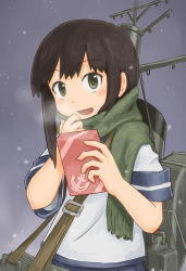 Rule 34 | 10s, 1girl, :d, amearare, anchor symbol, aserora, black hair, box, colorized, dress, fubuki (kancolle), gift, gift box, green eyes, kantai collection, looking at viewer, open mouth, sailor dress, scarf, scarf grab, school uniform, serafuku, smile, snowing, solo, steam, uniform, valentine, winter