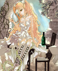 Rule 34 | 1girl, bare arms, bare shoulders, blonde hair, blood, blood on hands, bloody knife, boots, bottle, chair, cross-laced footwear, cup, dress, drinking glass, entangled, eyepatch, flower, flower eyepatch, flower over eye, hair flower, hair ornament, highres, kirakishou, knee boots, knife, lolita fashion, long hair, nyami, overgrown, plant, rose, rozen maiden, sitting, sleeveless, sleeveless dress, solo, table, twintails, very long hair, vines, wall, white dress, white flower, white footwear, white rose, wine bottle, wine glass, yellow eyes