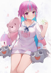 Rule 34 | 1girl, absurdres, ahoge, blue hair, blunt bangs, blush, braid, breasts, character doll, closed mouth, collarbone, colored inner hair, creatures (company), dress, feet out of frame, flower, game freak, gen 2 pokemon, grey dress, grey sweater, highres, holding, holding flower, hololive, long hair, long sleeves, looking at viewer, medium breasts, minato aqua, multicolored hair, nintendo, pink hair, pokemon, pokemon (creature), purple eyes, simple background, sitting, smile, stuffed animal, stuffed cat, stuffed toy, sweater, sweater dress, teddy bear, thigh gap, thighs, toki (1243309499), two-tone hair, very long hair, virtual youtuber, white background, white flower, wooper