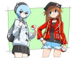 Rule 34 | 2girls, alternate costume, animal ears, animal hat, arm at side, ayanami rei, backpack, badge, bag, black bag, black headwear, black shirt, black skirt, blue eyes, blue hair, blue shorts, border, brown bag, brown hair, button badge, cardigan, casual, cat ears, cat hat, clothes writing, collarbone, collared shirt, commentary request, cosplay, cowboy shot, creatures (company), cropped legs, cutoffs, denim, denim shorts, dynamax band, expressionless, fake animal ears, frown, game freak, gloria (pokemon), gloria (pokemon) (cosplay), green background, hair between eyes, hand on own hip, hands up, hat, hat with ears, highres, holding, holding poke ball, holding strap, hood, hood down, hooded cardigan, jacket, long hair, long sleeves, looking at viewer, multiple girls, neon genesis evangelion, nerv, nintendo, open clothes, open jacket, outside border, pleated skirt, poke ball, poke ball (basic), pokemon, pokemon swsh, pom pom (clothes), rebuild of evangelion, red eyes, red jacket, sachiel (evangelion), shirt, short hair, shorts, side-by-side, simple background, skirt, souryuu asuka langley, standing, white border, white cardigan, yachima tana