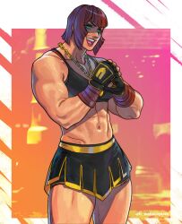 Rule 34 | 1girl, abs, biceps, black gloves, black shorts, black skirt, black sports bra, chain, chain necklace, commentary, cowboy shot, english commentary, fingerless gloves, gloves, gold chain, green eyes, grin, hand wraps, highres, jewelry, marisa (street fighter), midriff, muscular, muscular female, navel, necklace, nose, open mouth, palm-fist greeting, red lips, short hair, shorts, shorts under skirt, skirt, smile, solo, sports bra, standing, street fighter, street fighter 6, teeth, thick thighs, thighs, wallace pires