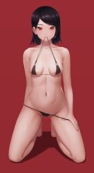 Rule 34 | 1girl, alternate breast size, areola slip, bad id, bad pixiv id, bare legs, bare shoulders, barefoot, bikini, bikini pull, black bikini, black hair, boruto: naruto next generations, breasts, clothes pull, collarbone, commentary request, covered erect nipples, female focus, full body, groin, highres, kneeling, looking at viewer, medium breasts, micro bikini, mil k vanilla, mouth hold, naruto (series), navel, red background, red eyes, sharingan, short hair, simple background, skindentation, solo, stomach, swimsuit, uchiha sarada