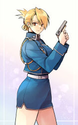 Rule 34 | 1girl, adapted costume, aiguillette, amestris military uniform, belt, blonde hair, blue jacket, border, breasts, brown eyes, cowboy shot, earrings, fingernails, folded ponytail, from side, fullmetal alchemist, gradient background, grey background, gun, handgun, hands up, highres, holding, holding gun, holding weapon, index finger raised, jacket, jewelry, long sleeves, looking at viewer, looking to the side, medium breasts, miniskirt, outside border, pencil skirt, purple background, riza hawkeye, shirt, skirt, skirt set, smile, solo, sparkle, stud earrings, takafuji yuna, trigger discipline, updo, weapon, white background