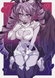 Rule 34 | 1girl, between legs, black nails, blush, border, bright pupils, cleavage cutout, clothing cutout, drill hair, fuurinura, gloves, gradient background, hanabishi haruka, hand between legs, hat, heart, heart-shaped pupils, magia magenta, magia magenta (la verita), mahou shoujo ni akogarete, naughty face, navel, nurse, nurse cap, pink background, pubic tattoo, purple background, revealing clothes, single wing, spoilers, symbol-shaped pupils, tattoo, thighhighs, toeless footwear, toenails, tongue, tongue out, twin drills, white border, white pupils, wings