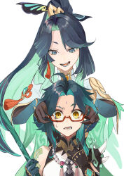 Rule 34 | 1boy, 1girl, absurdres, ahoge, aqua eyes, aqua lips, bead necklace, beads, black hair, chinese hairpin, cloud retainer (genshin impact), colored inner hair, earrings, facial mark, forehead mark, genshin impact, glasses, gloves, green hair, hair ornament, height difference, highres, jewelry, long hair, multicolored hair, necklace, red-framed eyewear, semi-rimless eyewear, tassel, tassel earrings, tassel hair ornament, tsukushi azu, two-tone hair, very long hair, xianyun (genshin impact), xiao (genshin impact), yellow eyes