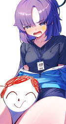 Rule 34 | 1girl, absurdres, black shirt, blue archive, blue buruma, blue eyes, blue jacket, blush, breasts, buruma, collarbone, doodle sensei (blue archive), embarrassed, facial mark, head between thighs, highres, jacket, lanyard, long hair, lower teeth only, nose blush, off shoulder, official alternate costume, open mouth, parted bangs, purple hair, pyytato, red pupils, sensei (blue archive), shirt, short sleeves, star (symbol), star facial mark, teeth, thighs, yuuka (blue archive), yuuka (track) (blue archive)