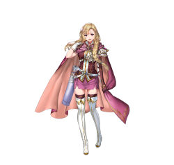 Rule 34 | 1girl, absurdres, armor, arrow (projectile), asymmetrical gloves, belt, blonde hair, boots, braid, cape, commentary request, elbow gloves, fire emblem, fire emblem: the blazing blade, fire emblem heroes, full body, gloves, highres, long hair, looking at viewer, louise (fire emblem), nintendo, official art, open mouth, purple eyes, purple thighhighs, quiver, ran&#039;ou (tamago no kimi), shoulder armor, skirt, sleeveless, smile, solo, standing, thigh boots, thighhighs, uneven gloves, white background, white footwear, zettai ryouiki
