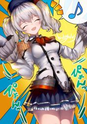 Rule 34 | 1girl, ^^^, bad id, bad pixiv id, black skirt, breasts, buttons, closed eyes, commentary request, cowboy shot, eighth note, epaulettes, gloves, highres, jacket, kantai collection, kashima (kancolle), large breasts, long sleeves, military jacket, miniskirt, musical note, neckerchief, nichigeckoh, pleated skirt, red neckerchief, sidelocks, silver hair, skirt, smile, solo, spoken musical note, sunburst, sunburst background, twintails, two-tone background, wavy hair, white gloves, white jacket