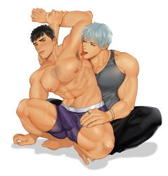 Rule 34 | 2boys, abs, armpit hair, licking armpit, armpits, bara, black hair, black pants, boxer briefs, bracelet, bulge, chest hair, erection, erection under clothes, grey hair, grey tank top, highres, holding another&#039;s arm, jewelry, large pectorals, leg hair, licking, looking at another, male focus, male underwear, multiple boys, muscular, muscular male, navel, necklace, nipples, pants, pectorals, purple male underwear, ring, saliva, short hair, squatting, sweat, tank top, taparara, thick thighs, thighs, tongue, tongue out, underwear, yaoi