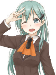 Rule 34 | 10s, 1girl, arm up, ascot, blush, green eyes, green hair, hair ornament, hairclip, kantai collection, long hair, long sleeves, looking at viewer, matching hair/eyes, mino (shoya00), one eye closed, open mouth, school uniform, simple background, solo, suzuya (kancolle), upper body, w, white background