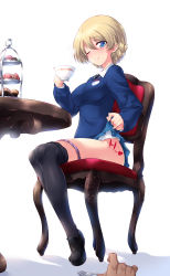 Rule 34 | 1girl, absurdres, black footwear, black neckwear, black pantyhose, blonde hair, blue eyes, blue panties, blue skirt, blue sweater, blush, braid, clothes lift, clothes pull, collared shirt, commentary, cup, cupcake, darjeeling (girls und panzer), dessert, dress shirt, emblem, food, fork, girls und panzer, heart, highres, holding, holding cup, kuzuryuu kennosuke, legs, letter, lifted by self, loafers, long sleeves, looking at viewer, miniskirt, necktie, one eye closed, out of frame, panties, panty pull, pantyhose, pantyhose pull, parted lips, pleated skirt, pov, purple panties, school uniform, shadow, shirt, shoes, short hair, simple background, sitting, skirt, skirt lift, smile, st. gloriana&#039;s (emblem), st. gloriana&#039;s school uniform, sweatdrop, sweater, table, teacup, thighs, tiered tray, twin braids, underwear, v-neck, white background, white shirt, wing collar, wooden chair, wooden table