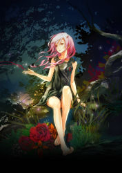 Rule 34 | 10s, 1girl, bare shoulders, barefoot, feet, flower, forest, guilty crown, hair ornament, hairclip, highres, long hair, long legs, nature, pink hair, red eyes, red rose, redjuice, rose, sitting, solo, toes, yuzuriha inori