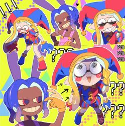 Rule 34 | 1boy, 1girl, ariamikukanzaki, blonde hair, blue eyes, blue gloves, clenched teeth, collage, commentary, commentary request, cosplay, crossover, dark-skinned male, dark skin, english commentary, gloves, hat, highres, inkling, inkling girl, inkling player character, jax (the amazing digital circus), jax (the amazing digital circus) (cosplay), jester, jester cap, looking at viewer, multicolored eyes, nervous smile, nintendo, octoling, octoling boy, octoling player character, overalls, pomni (the amazing digital circus), pomni (the amazing digital circus) (cosplay), red eyes, red gloves, smile, splatoon (series), splatoon 2, splatoon 2: octo expansion, squiggle eyes, teeth, the amazing digital circus, upper body, yellow gloves