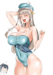 Rule 34 | 2girls, arm behind head, bad id, bad pixiv id, beret, black hair, blue eyes, blue hat, blue one-piece swimsuit, blunt bangs, blush stickers, breast envy, breasts, cable, collarbone, corset, covered erect nipples, covered navel, crotch plate, enoch (soul worker), era (erasion), grey hair, hair ornament, hat, highleg, highleg swimsuit, highres, large breasts, long hair, looking at another, looking at viewer, multiple girls, noa (soulworker), one-piece swimsuit, open mouth, pink lips, ponytail, shiny clothes, shiny skin, smile, solo focus, soulworker, strapless, strapless one-piece swimsuit, swimsuit, thighs, tongue, tongue out, white background, yellow eyes