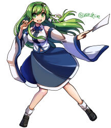 Rule 34 | 1girl, blue skirt, collared shirt, detached sleeves, frog, frog hair ornament, full body, gohei, green eyes, green hair, hair ornament, hair tubes, highres, japanese clothes, kochiya sanae, long hair, long skirt, miko, nontraditional miko, one-hour drawing challenge, renshirenji, shirt, simple background, skirt, sleeveless, sleeveless shirt, snake, snake hair ornament, solo, touhou, twitter username, white background, white shirt