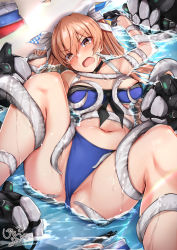 Rule 34 | 1girl, arm grab, bikini, black gloves, blue bikini, grabbing another&#039;s breast, breasts, brown eyes, enemy naval mine (kancolle), giraffe (ilconte), gloves, gluteal fold, grabbing, hair between eyes, highres, johnston (kancolle), kantai collection, leg grab, light brown hair, long hair, lying, medium breasts, navel, official alternate costume, on back, open mouth, restrained, shore, signature, single glove, swimsuit, tentacles, two side up, wet