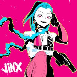 Rule 34 | 1girl, arm warmers, asymmetrical bangs, belt, blue hair, braid, female focus, flat color, gloves, gun, hand to head, handgun, highres, holding, holding gun, holding weapon, jinx (league of legends), knee up, league of legends, long hair, looking at viewer, pink eyes, pistol, red eyes, single thighhigh, sleeveless, smile, solo, tattoo, thighhighs, tocky, trigger discipline, twin braids, weapon