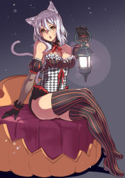 Rule 34 | 1girl, :o, animal ears, bare shoulders, black gloves, blush, boots, breasts, cat ears, cat tail, cleavage, crossed legs, detached collar, detached sleeves, elbow gloves, gloves, halloween, highres, houtengeki, lantern, large breasts, looking at viewer, open mouth, original, silver hair, sitting, solo, striped clothes, striped thighhighs, tail, thigh boots, thighhighs, vertical-striped clothes, vertical-striped thighhighs, yellow eyes