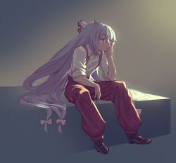 Rule 34 | 1girl, arm support, bow, head rest, collared shirt, dress shirt, fujiwara no mokou, full body, hair bow, head rest, long hair, pants, red eyes, shirt, silver hair, sitting, sleeves rolled up, solo, suspenders, touhou, very long hair, white bow, white shirt, wing collar, yamamomo (plank)
