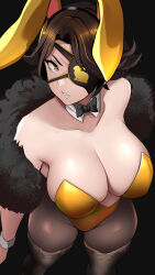 Rule 34 | 1girl, animal ears, animal print, bare shoulders, black background, black bow, black bowtie, black pantyhose, bow, bowtie, breasts, brown hair, cinder fall, cleavage, collarbone, commentary, detached collar, eyepatch, fake animal ears, from above, fur, grin, highleg, highleg leotard, lainart, large breasts, legs apart, leotard, looking at viewer, pantyhose, rabbit print, rwby, short hair, simple background, smile, solo, thighhighs, thighs, v-shaped eyebrows, wrist cuffs, yellow eyes, yellow leotard
