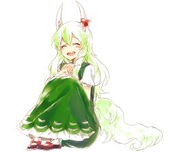 Rule 34 | 1girl, 6 (yuchae), blush, closed eyes, dress, ex-keine, full body, green hair, hakutaku, highres, horn ornament, horn ribbon, horns, kamishirasawa keine, knees to chest, legs together, long hair, open mouth, own hands together, ribbon, shoes, simple background, sitting, smile, solo, tail, touhou, white background