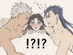 Rule 34 | !?, 1girl, 2boys, archer (fate), black hair, blue eyes, blue hair, blush, closed eyes, collarbone, commentary request, cu chulainn (fate), cu chulainn (fate/stay night), dark skin, earrings, fangs, fate/stay night, fate (series), grey hair, holding, jewelry, long hair, lying, mondi hl, multiple boys, on bed, open mouth, saliva, sandwiched, short hair, sketch, sleeping, sweatdrop, tohsaka rin, translation request, very short hair