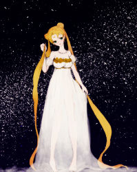 Rule 34 | 1990s (style), 1girl, bare shoulders, bishoujo senshi sailor moon, blonde hair, cai, crescent, crescent facial mark, double bun, dress, facial mark, full body, head tilt, holding, holding hair, jewelry, long hair, necklace, princess serenity, retro artstyle, see-through, sky, solo, star (sky), starry sky, tsukino usagi, twintails, very long hair, white dress